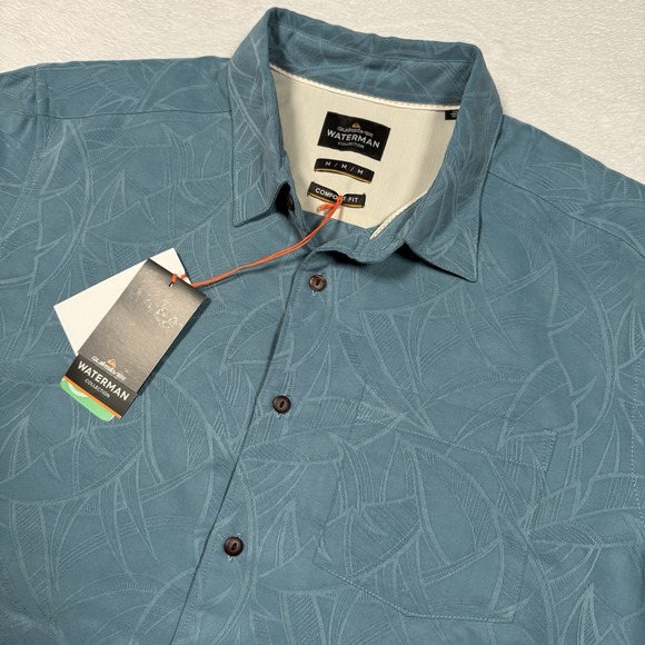 Quick Silver Waterman Collection Shirt Medium Blue Floral AOP Camp Hawaiian - Picture 1 of 10